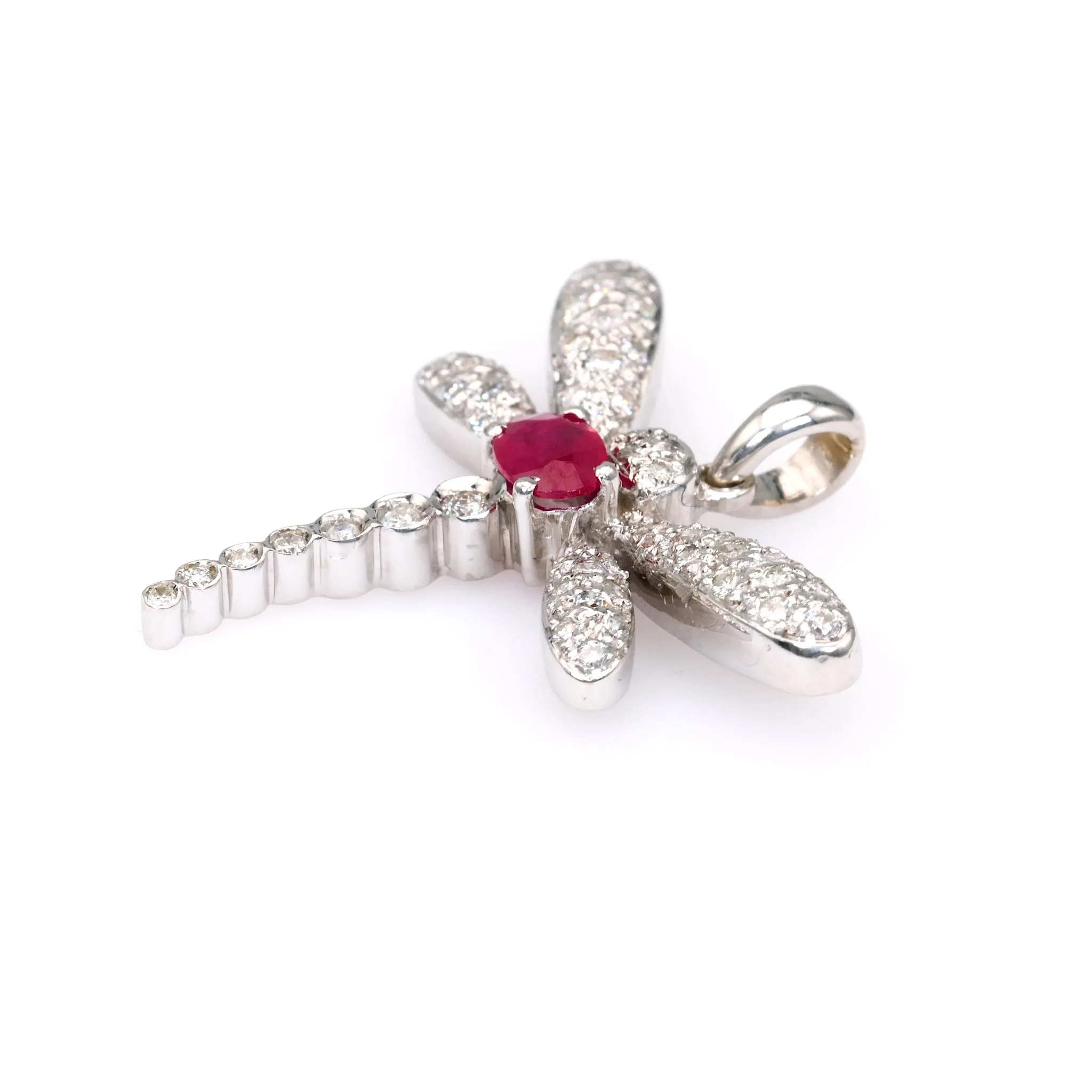 Vintage French Ruby Diamond 18k White Gold Dragonfly Pendant