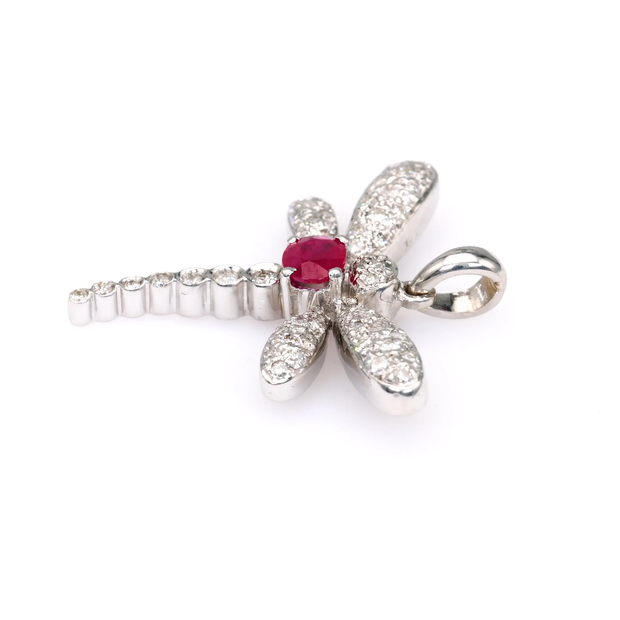 Vintage French Ruby Diamond 18k White Gold Dragonfly Pendant