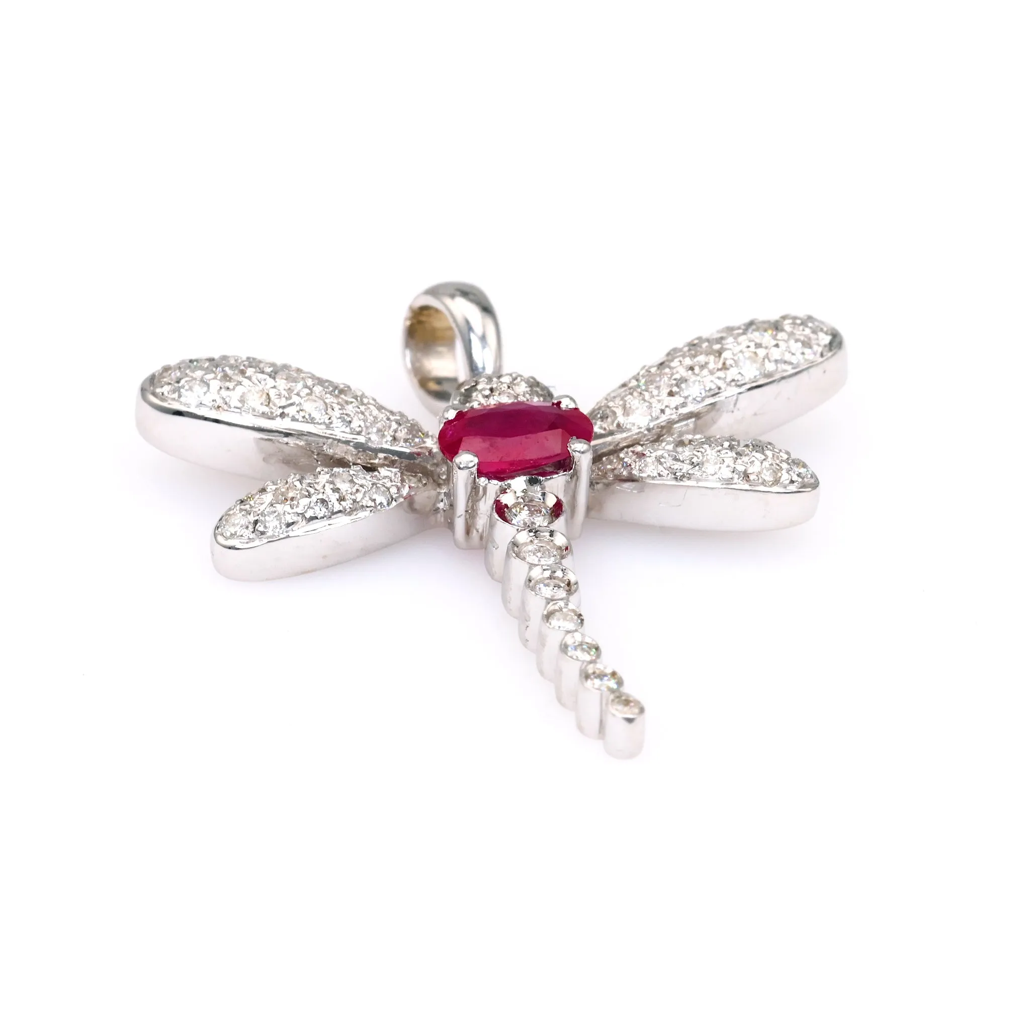 Vintage French Ruby Diamond 18k White Gold Dragonfly Pendant