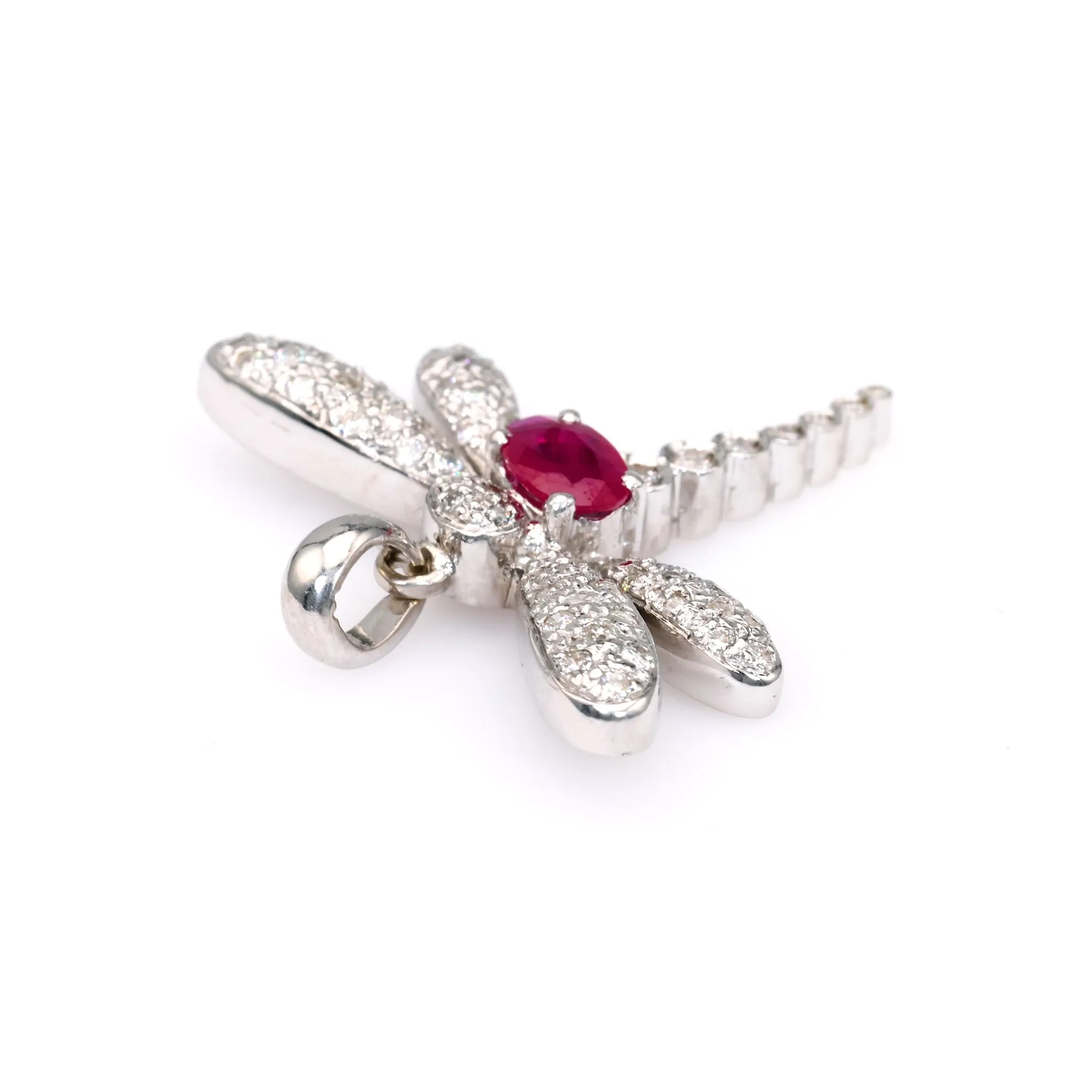 Vintage French Ruby Diamond 18k White Gold Dragonfly Pendant