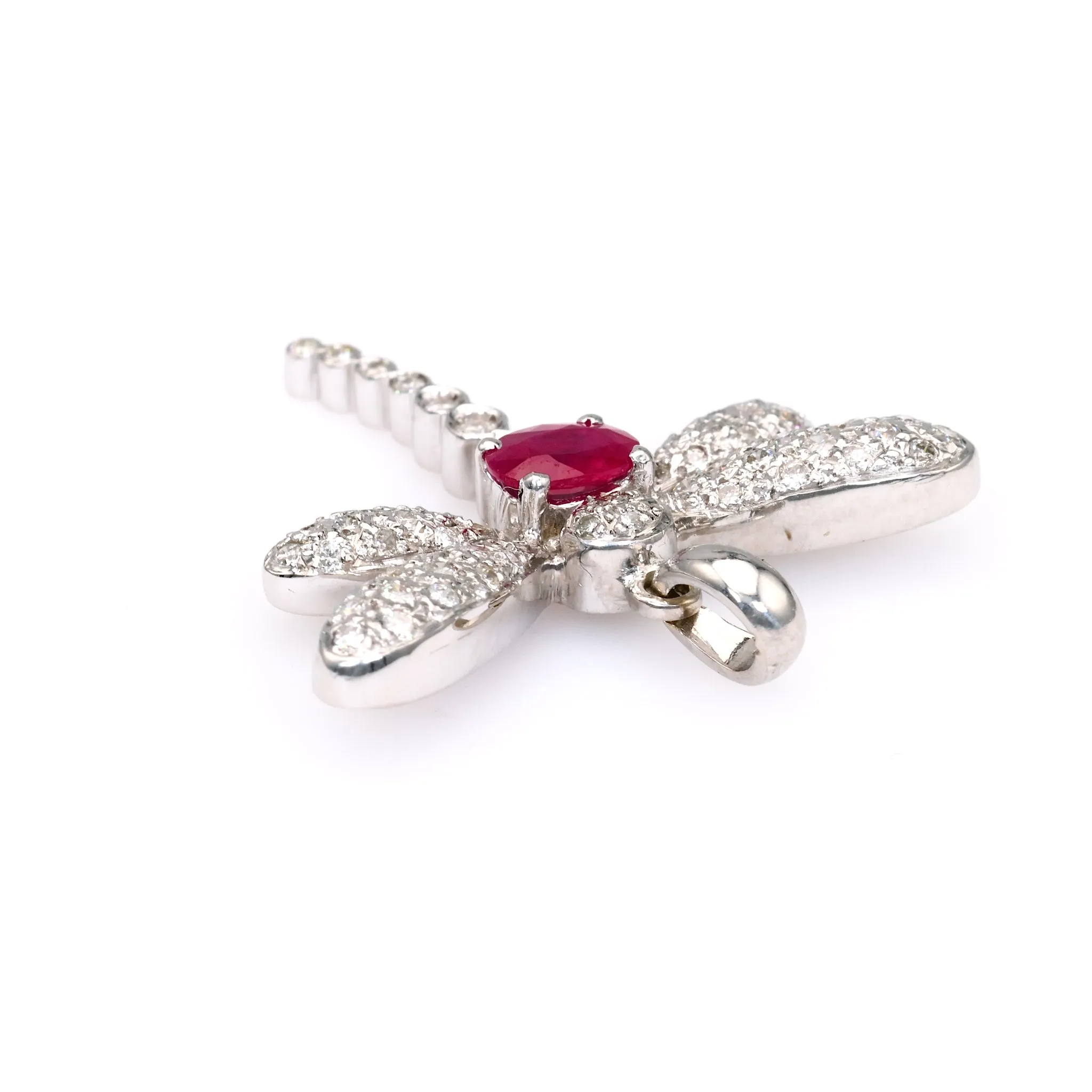 Vintage French Ruby Diamond 18k White Gold Dragonfly Pendant