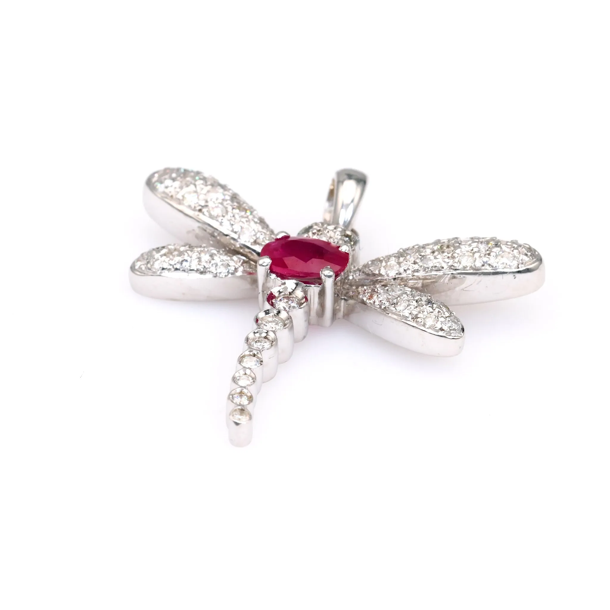 Vintage French Ruby Diamond 18k White Gold Dragonfly Pendant