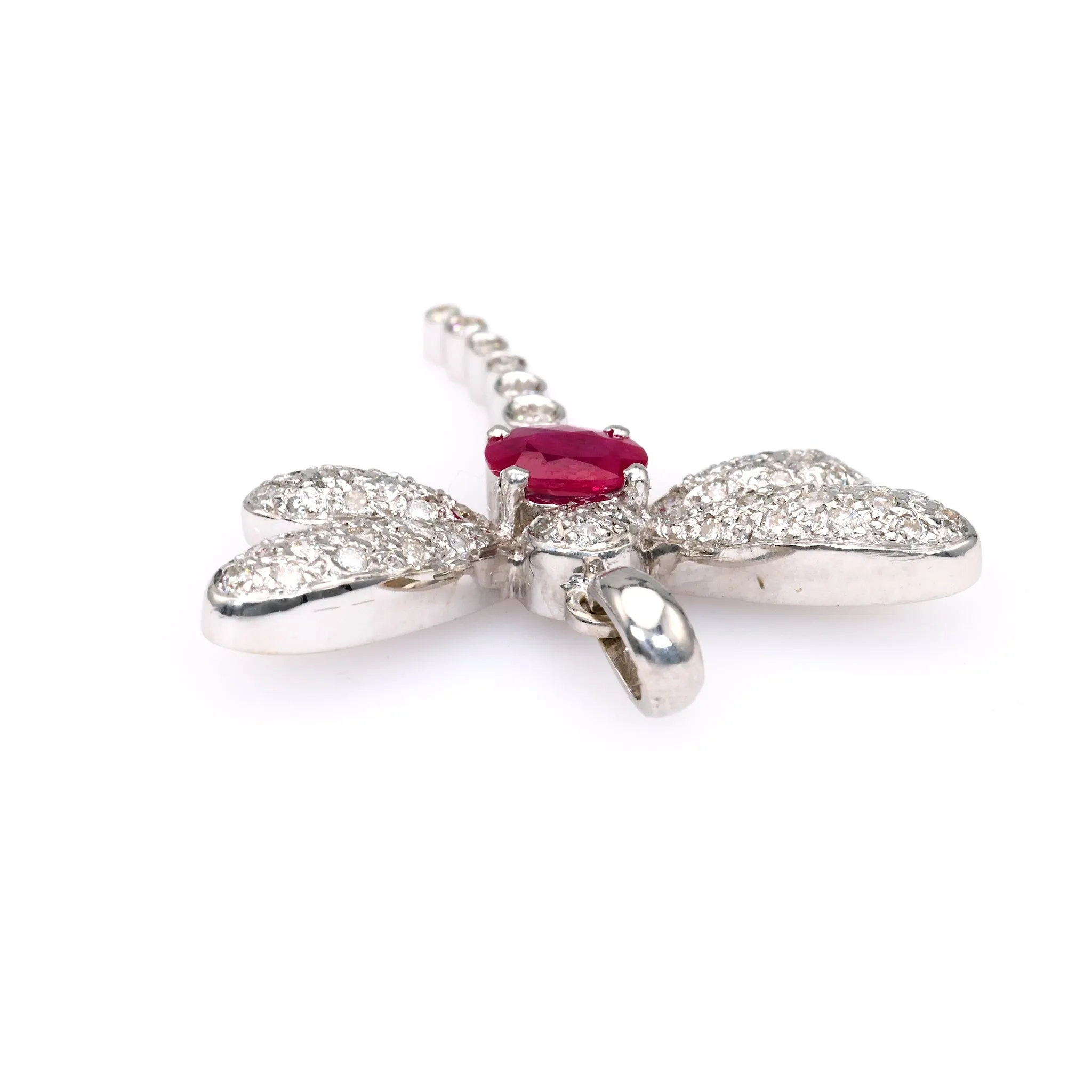 Vintage French Ruby Diamond 18k White Gold Dragonfly Pendant