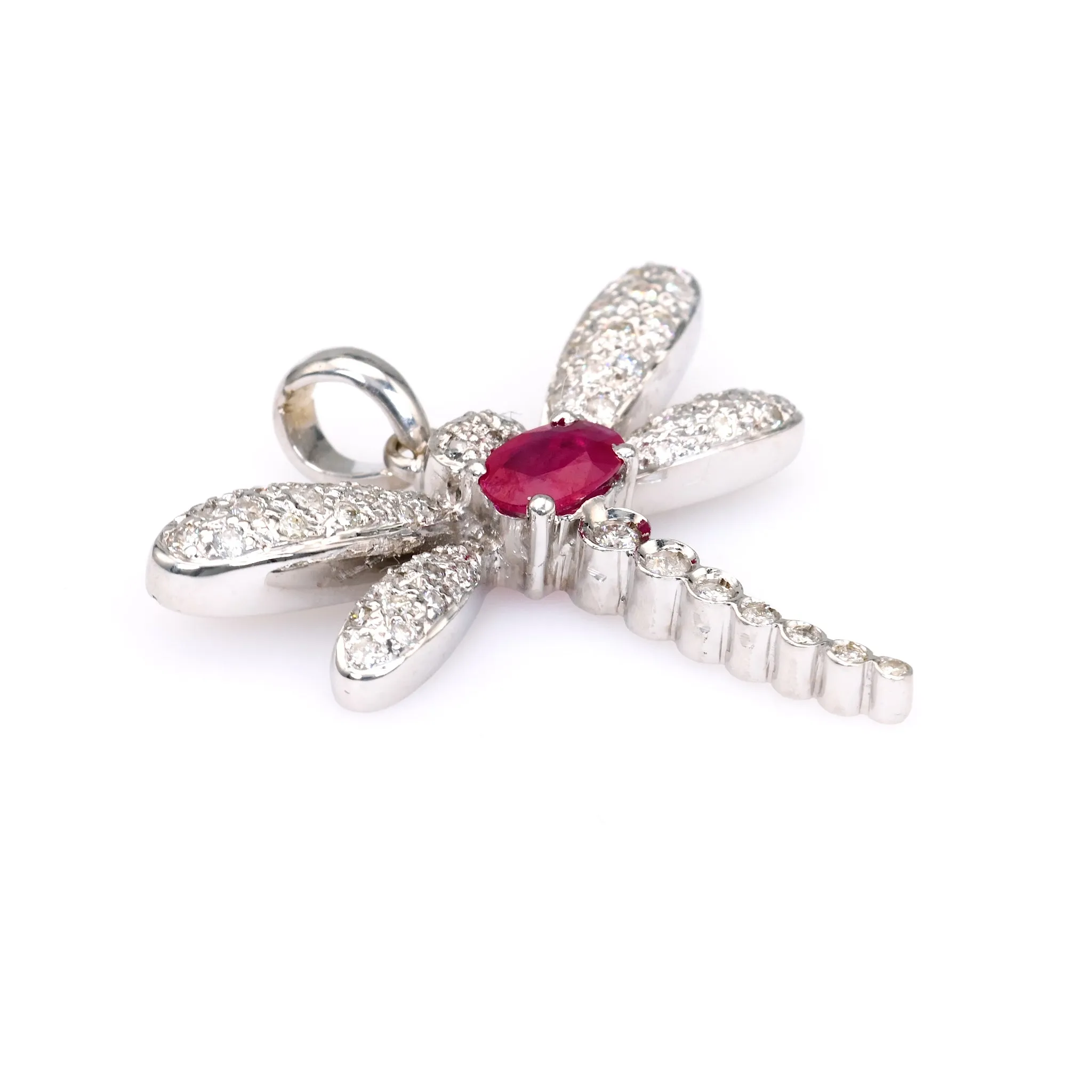 Vintage French Ruby Diamond 18k White Gold Dragonfly Pendant