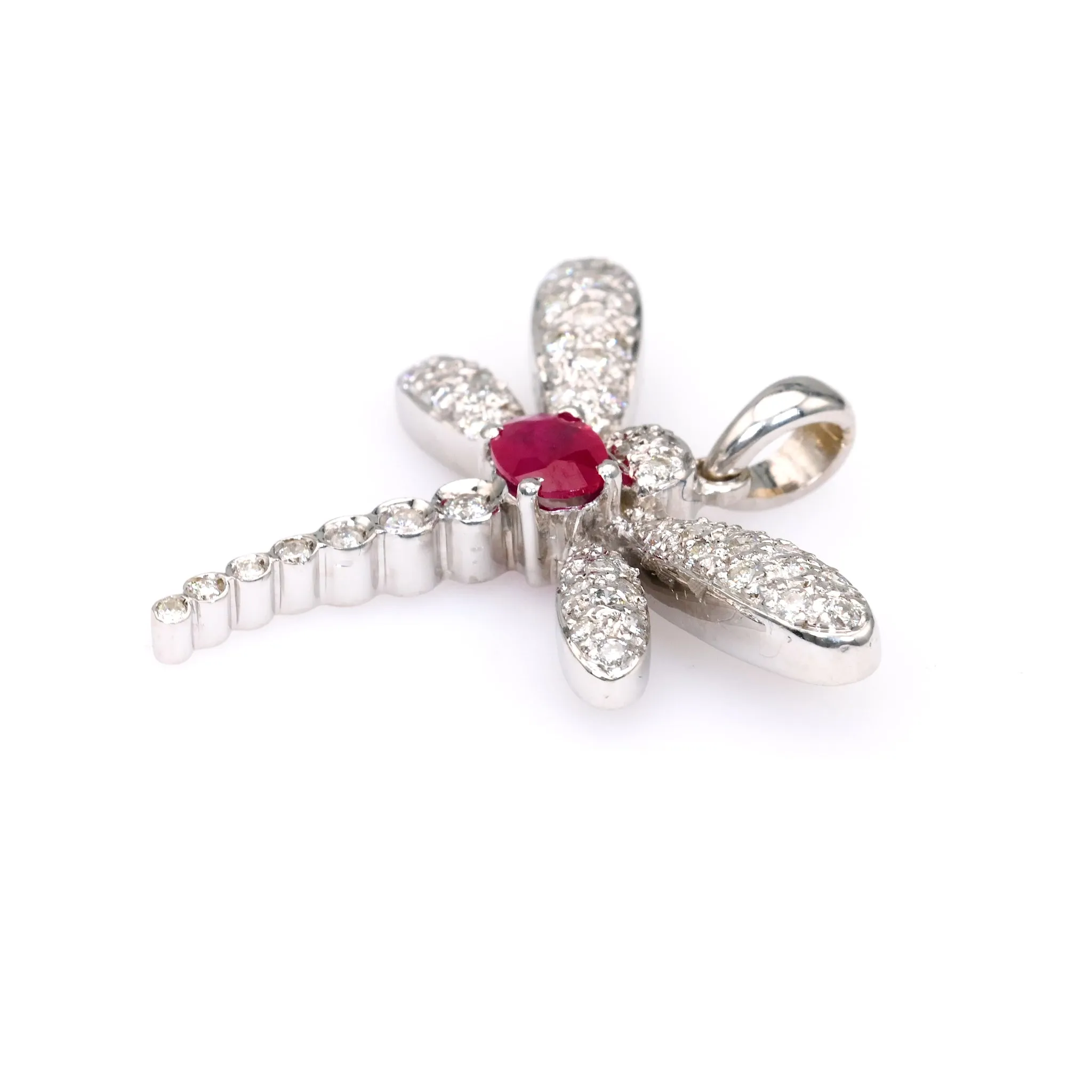 Vintage French Ruby Diamond 18k White Gold Dragonfly Pendant