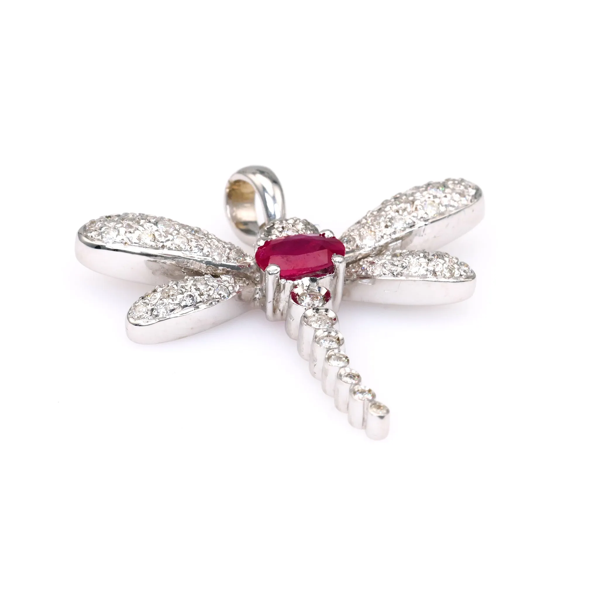 Vintage French Ruby Diamond 18k White Gold Dragonfly Pendant