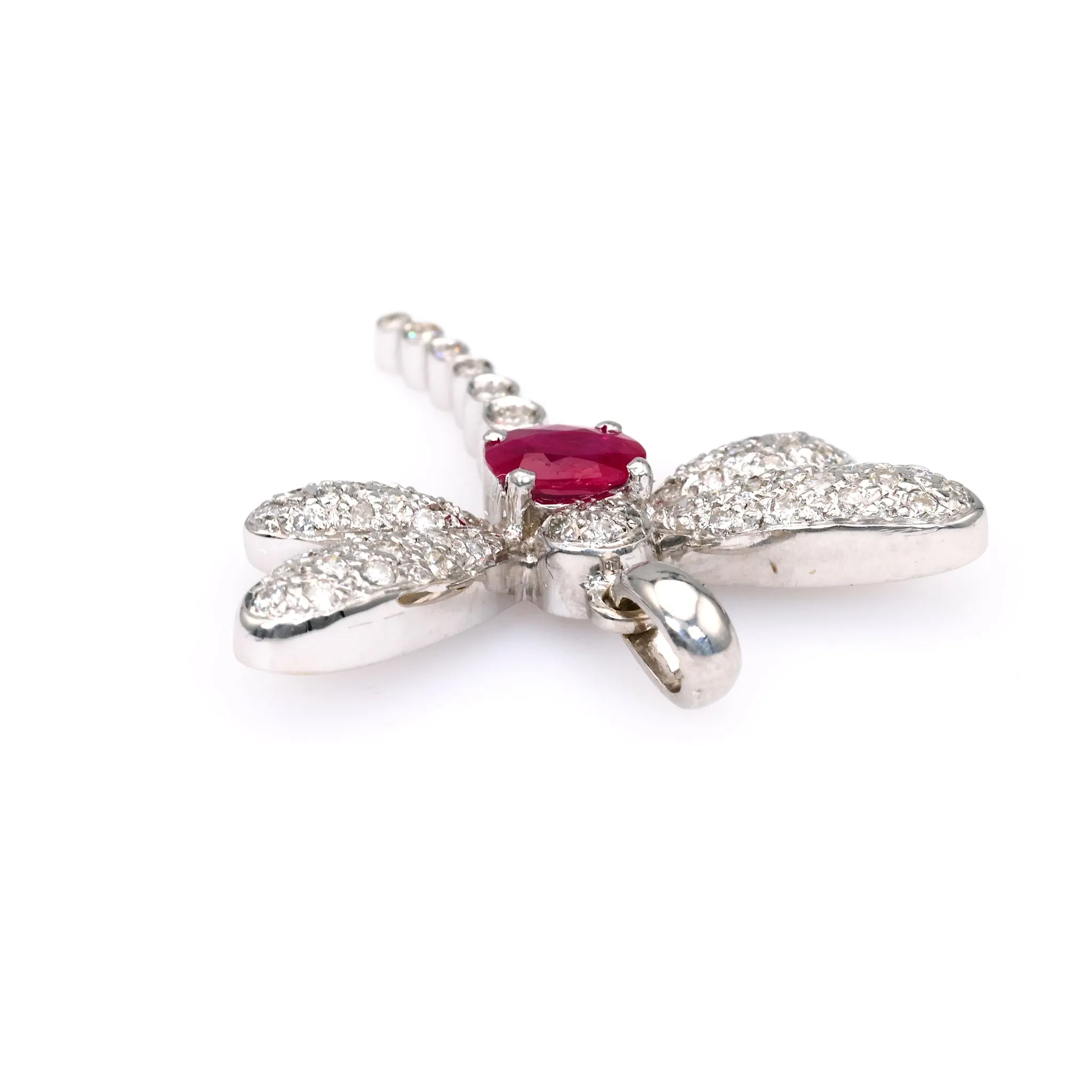 Vintage French Ruby Diamond 18k White Gold Dragonfly Pendant