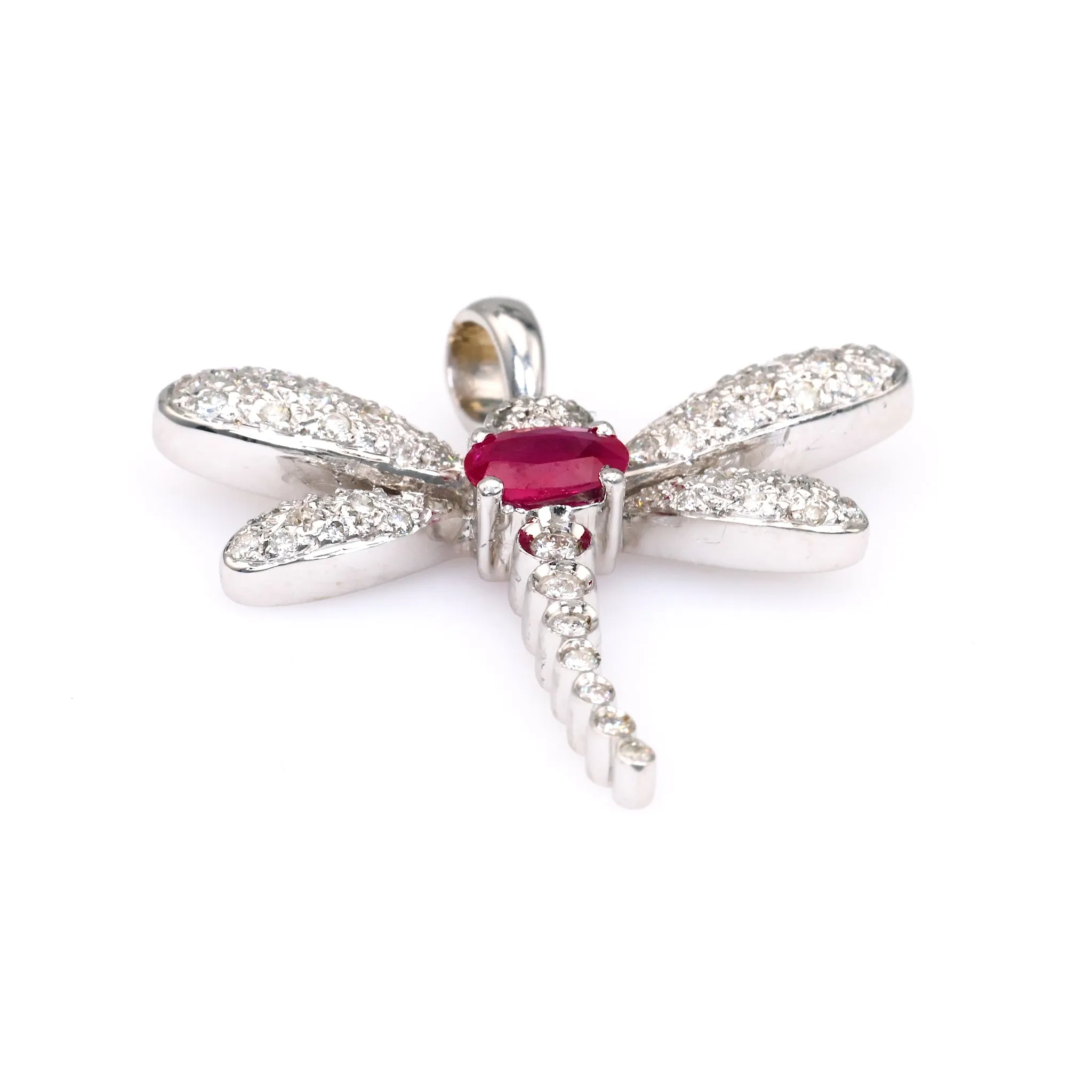 Vintage French Ruby Diamond 18k White Gold Dragonfly Pendant