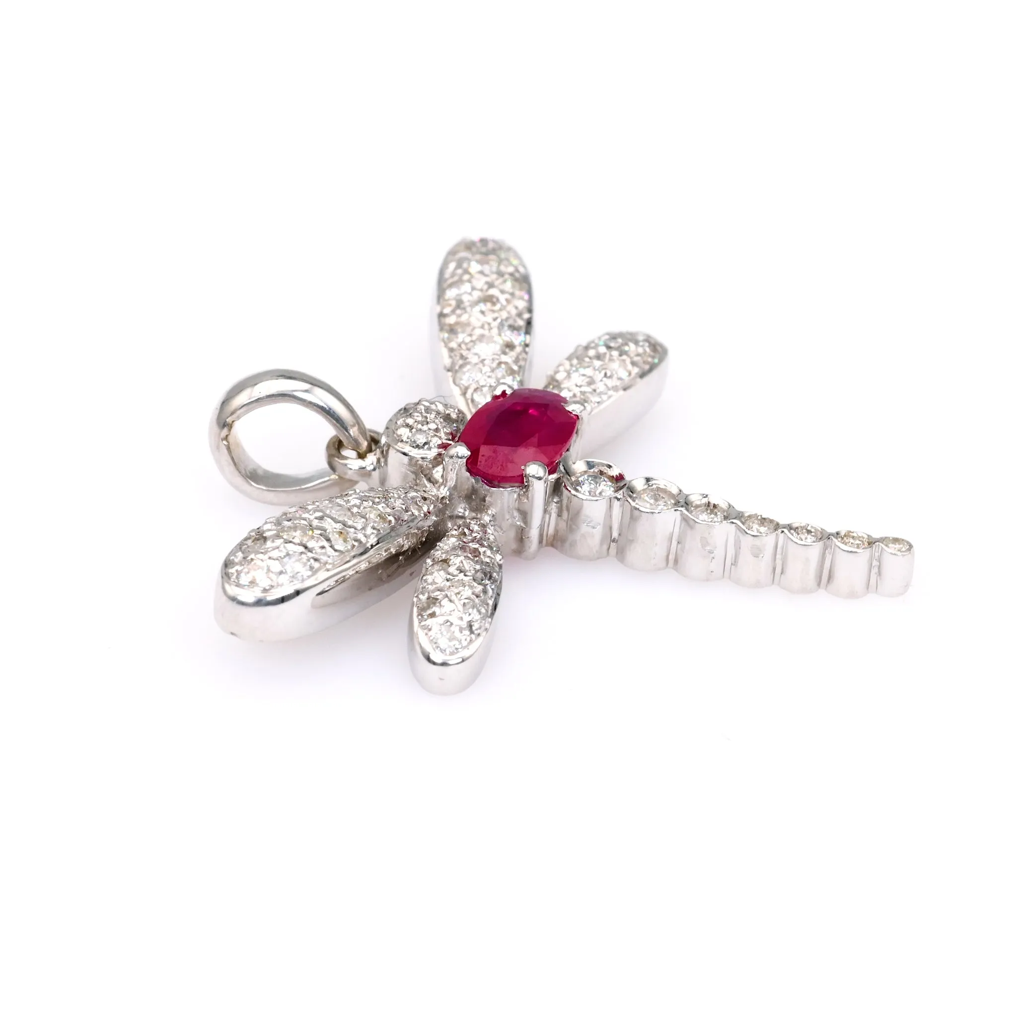 Vintage French Ruby Diamond 18k White Gold Dragonfly Pendant