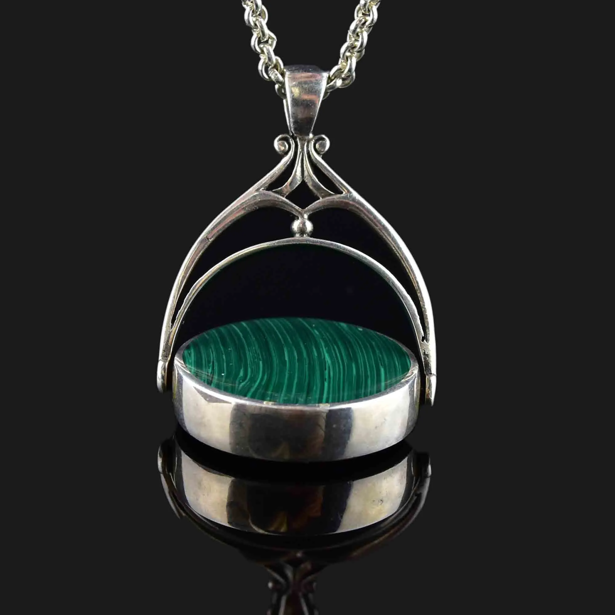 Vintage Large Silver Malachite Onyx Spinner Fob Charm Necklace