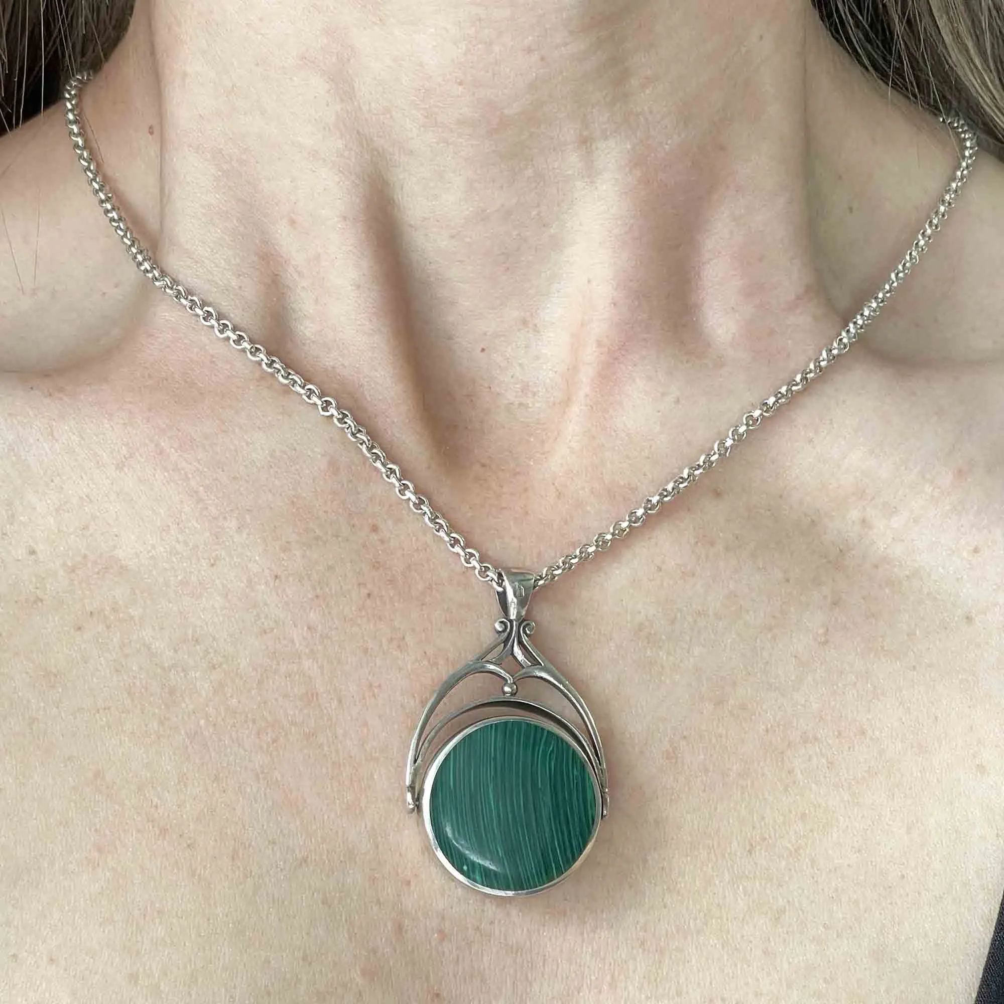 Vintage Large Silver Malachite Onyx Spinner Fob Charm Necklace