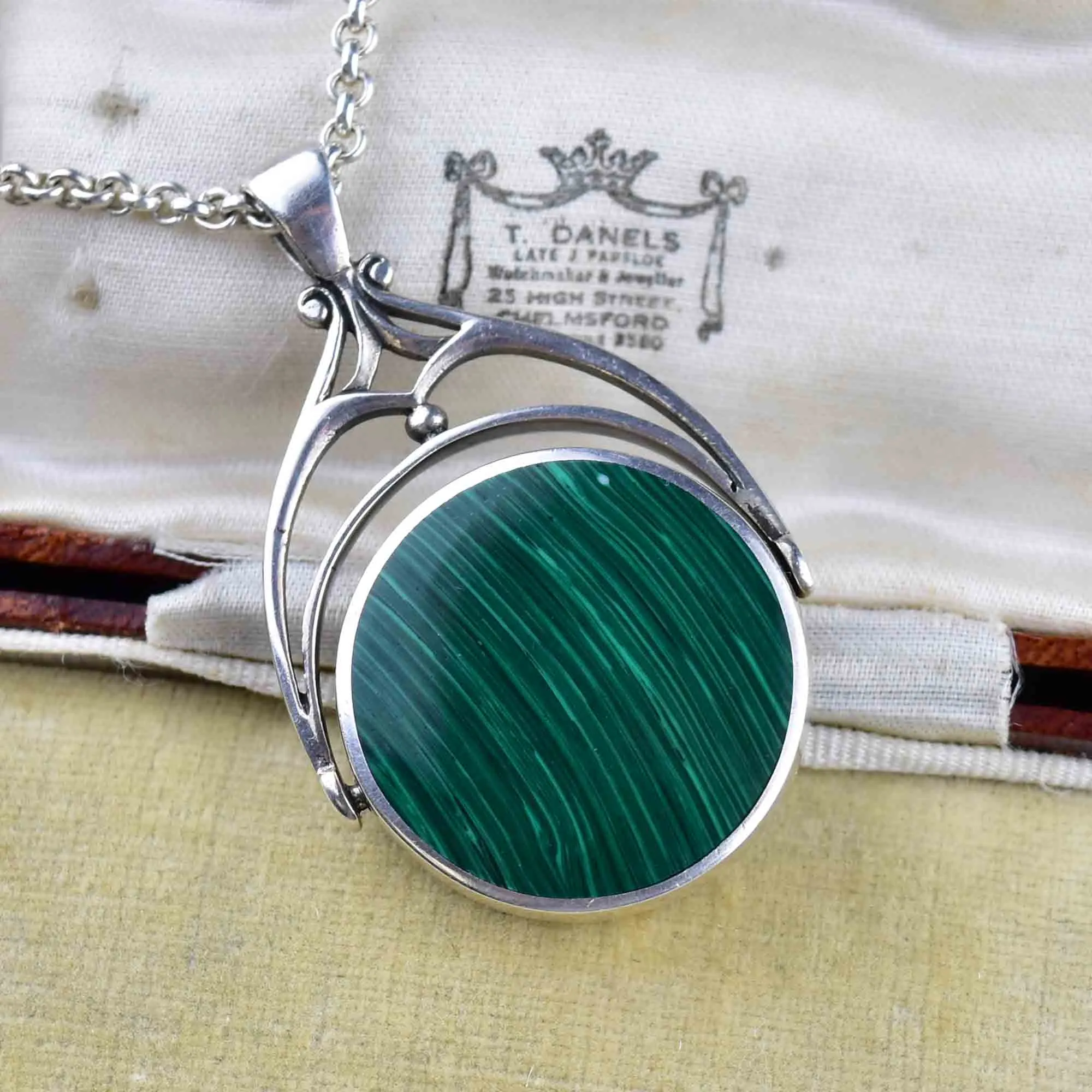 Vintage Large Silver Malachite Onyx Spinner Fob Charm Necklace