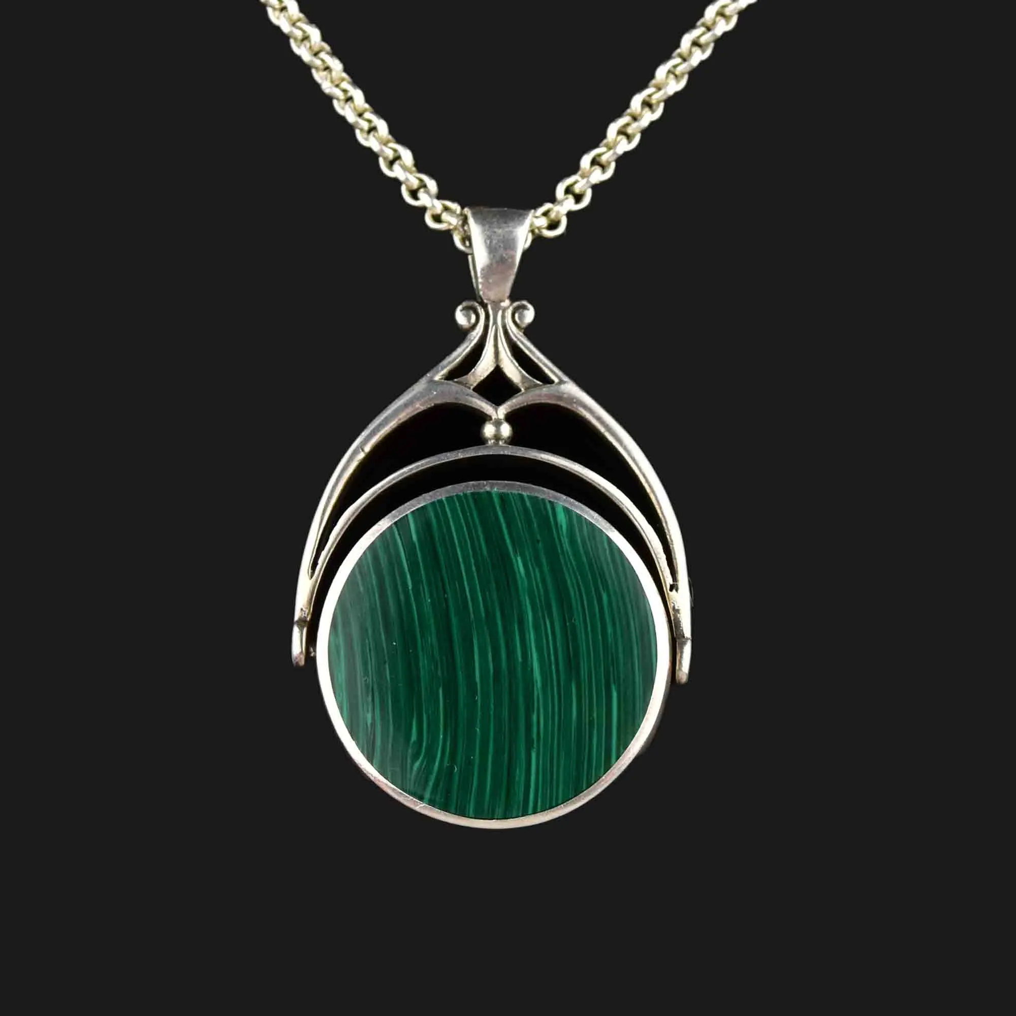 Vintage Large Silver Malachite Onyx Spinner Fob Charm Necklace