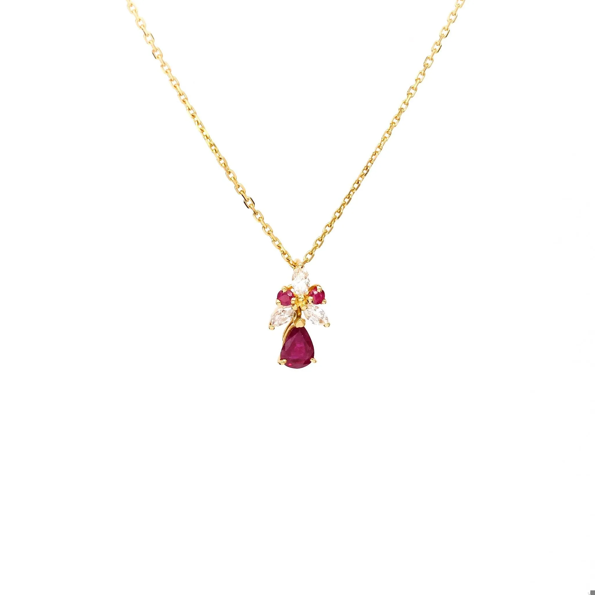 Vintage Ruby Diamond 18k Yellow Gold Pendant Necklace