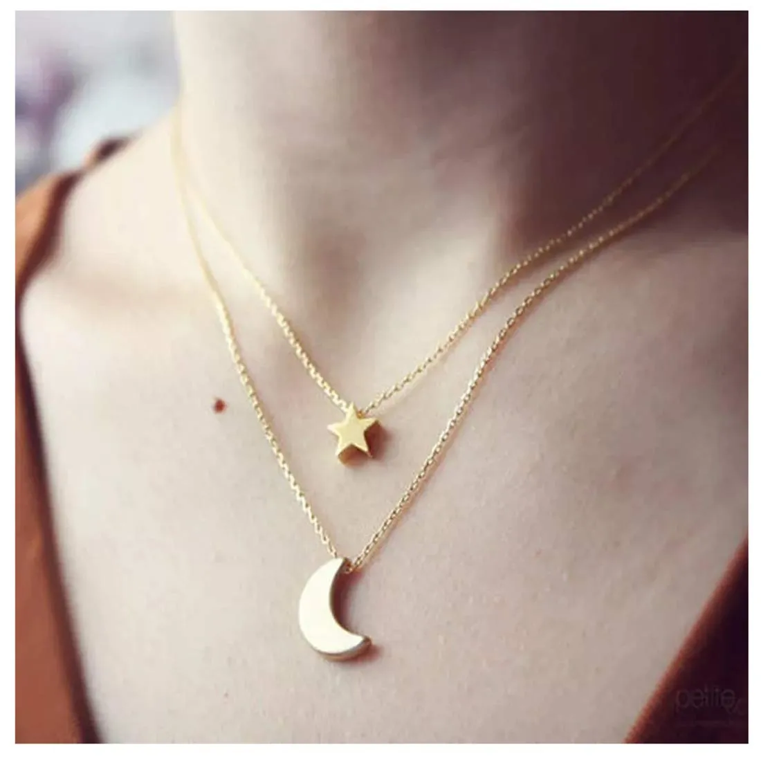 Yellow Chimes Classic Look Dual Layer Chain with Moon and Star Design Gold Plated Choker Necklace for Women and Girl's