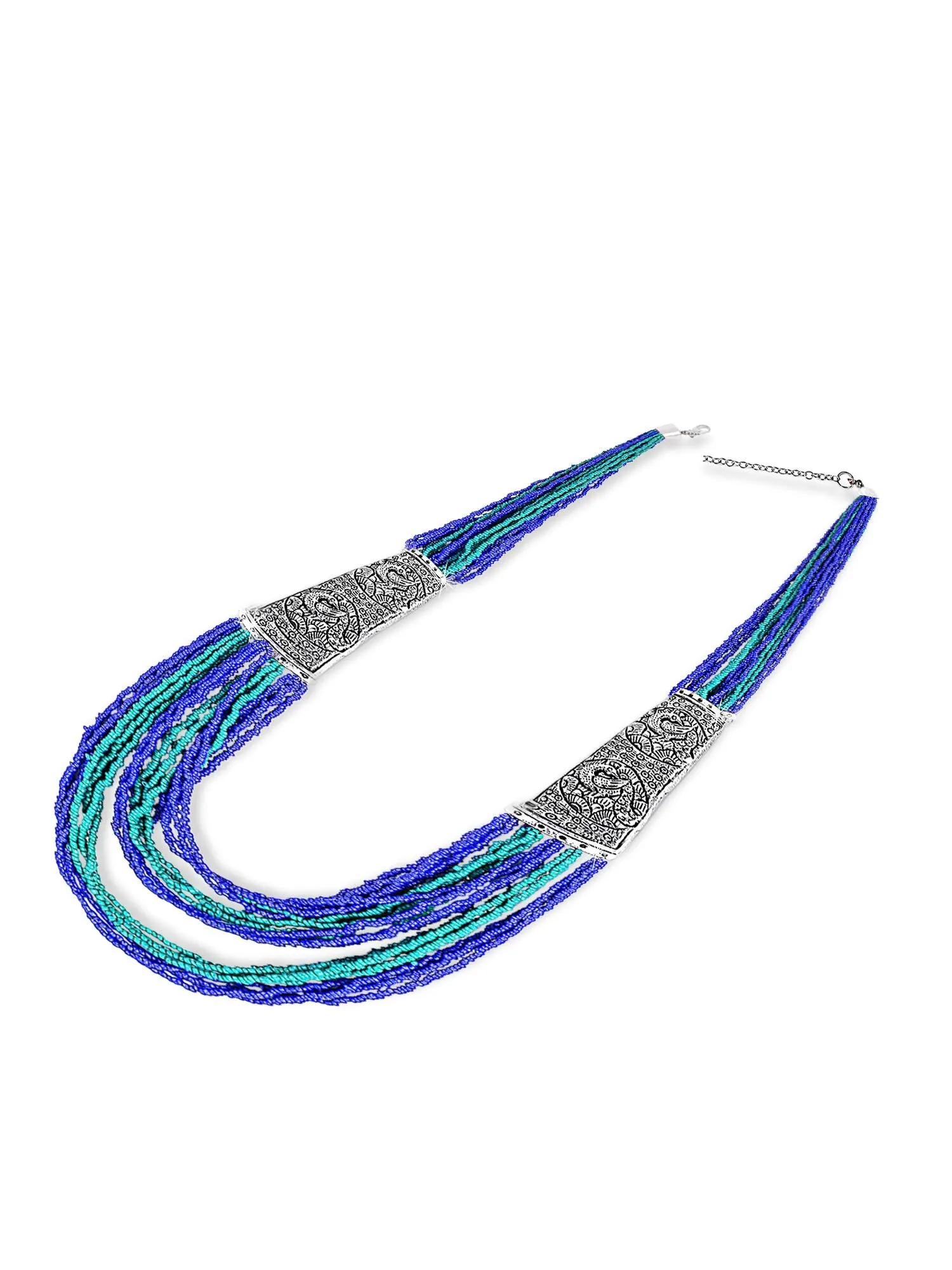 Yellow Chimes Designer Artistic Handmade Afghani Tibetan Style German Silver Oxidized Mulit Layer Beads Long Necklace Women and Girls (Blue)