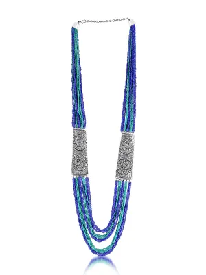 Yellow Chimes Designer Artistic Handmade Afghani Tibetan Style German Silver Oxidized Mulit Layer Beads Long Necklace Women and Girls (Blue)