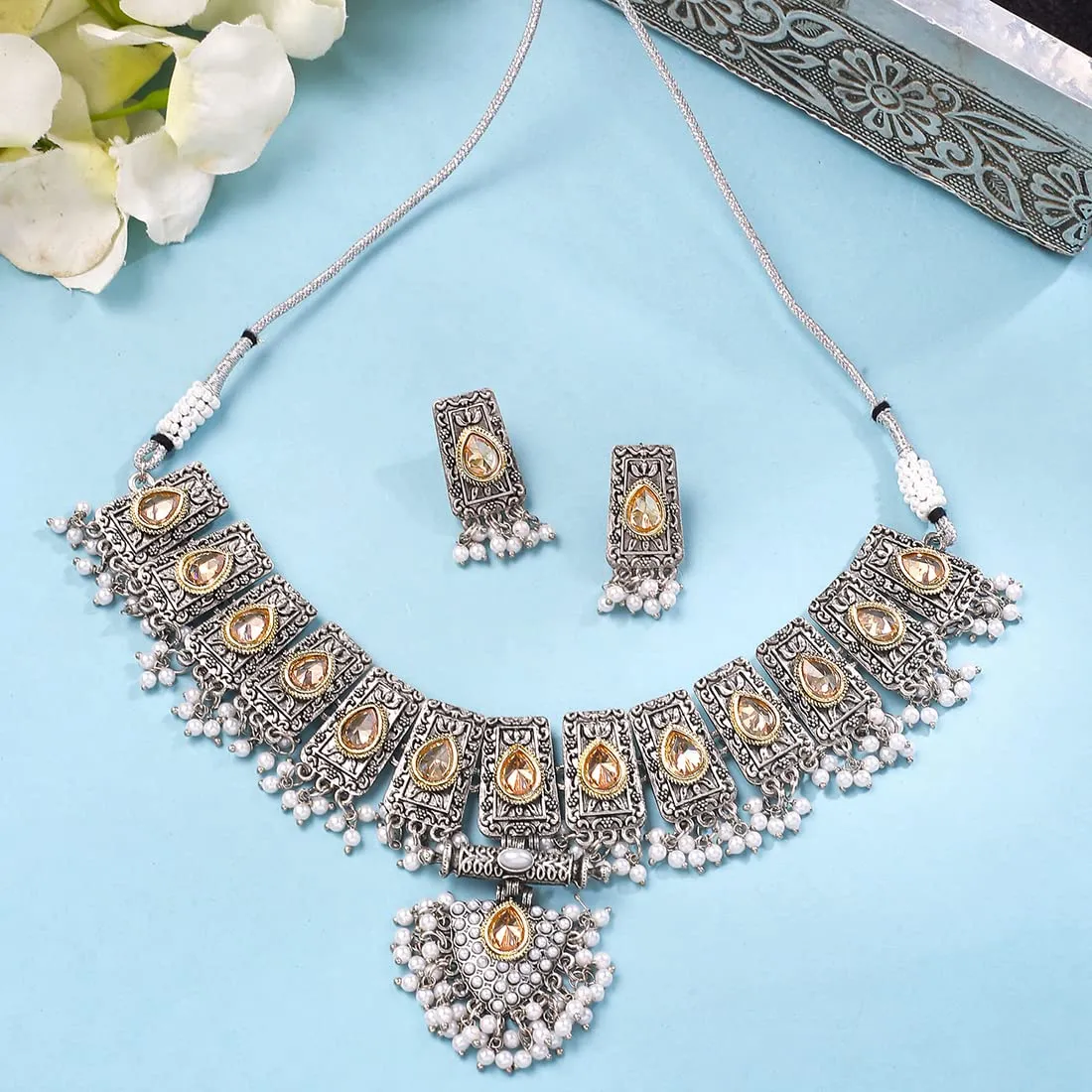 Yellow Chimes Jewellery Set for Women and Girls Choker Set for Women | Silver Tone White Beads Drop Stone Choker Necklace Set for Women | Birthday Gift For Girls & Women Anniversary Gift for Wife