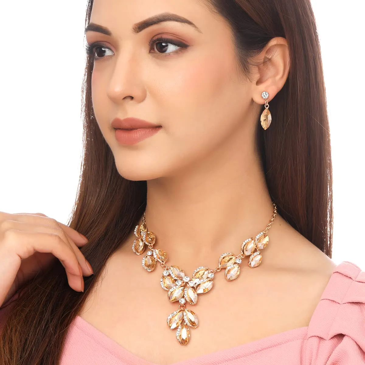 Yellow Chimes Jewellery Set For Women Gold Toned Oval Shaped Crystal Studded Necklace Set With Earring For Women and Girls