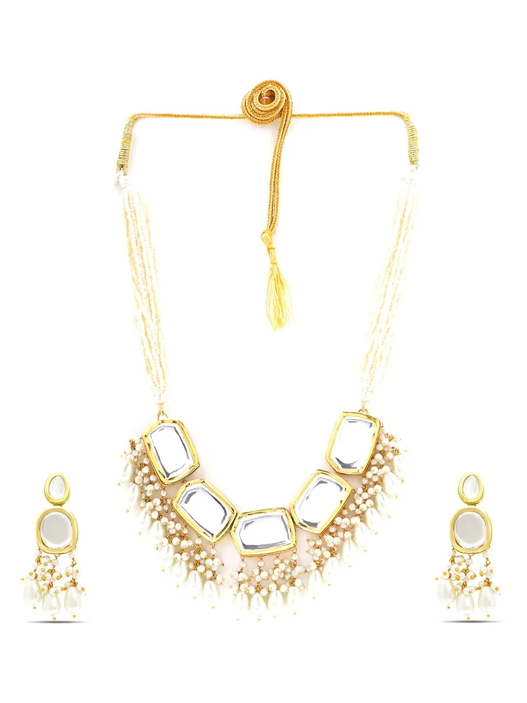 Yellow Chimes Kundan Jewellery Set for Women Gold Plated Traditional Necklace Set White Moti Beads Ethnic Choker Necklace Set for Women and Girls