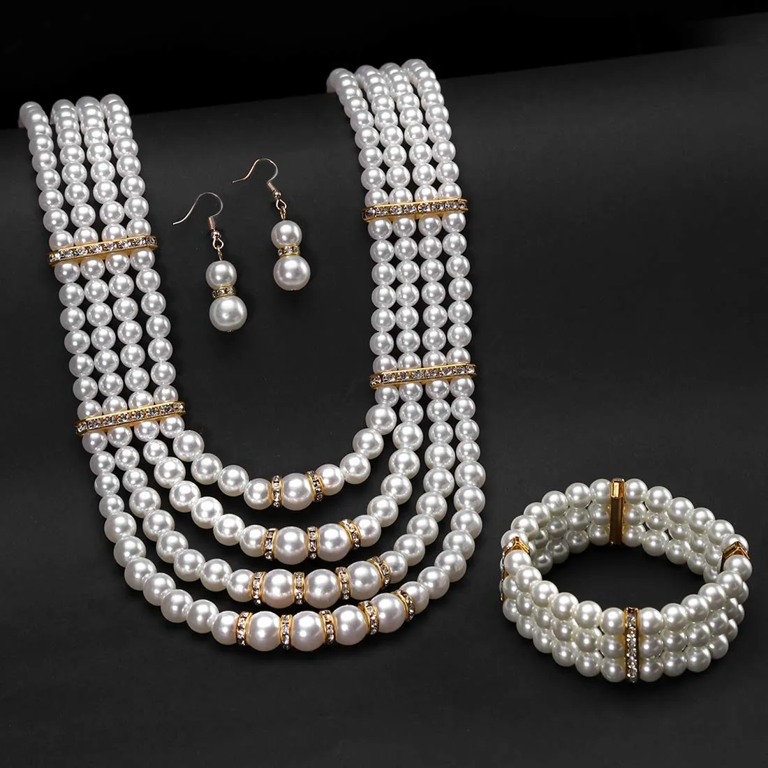 Yellow Chimes  Latest Fashion White Pearl Royal Style Multilayer Necklace Set with Earrings and Bracelet for Women & Girls