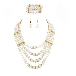 Yellow Chimes  Latest Fashion White Pearl Royal Style Multilayer Necklace Set with Earrings and Bracelet for Women & Girls