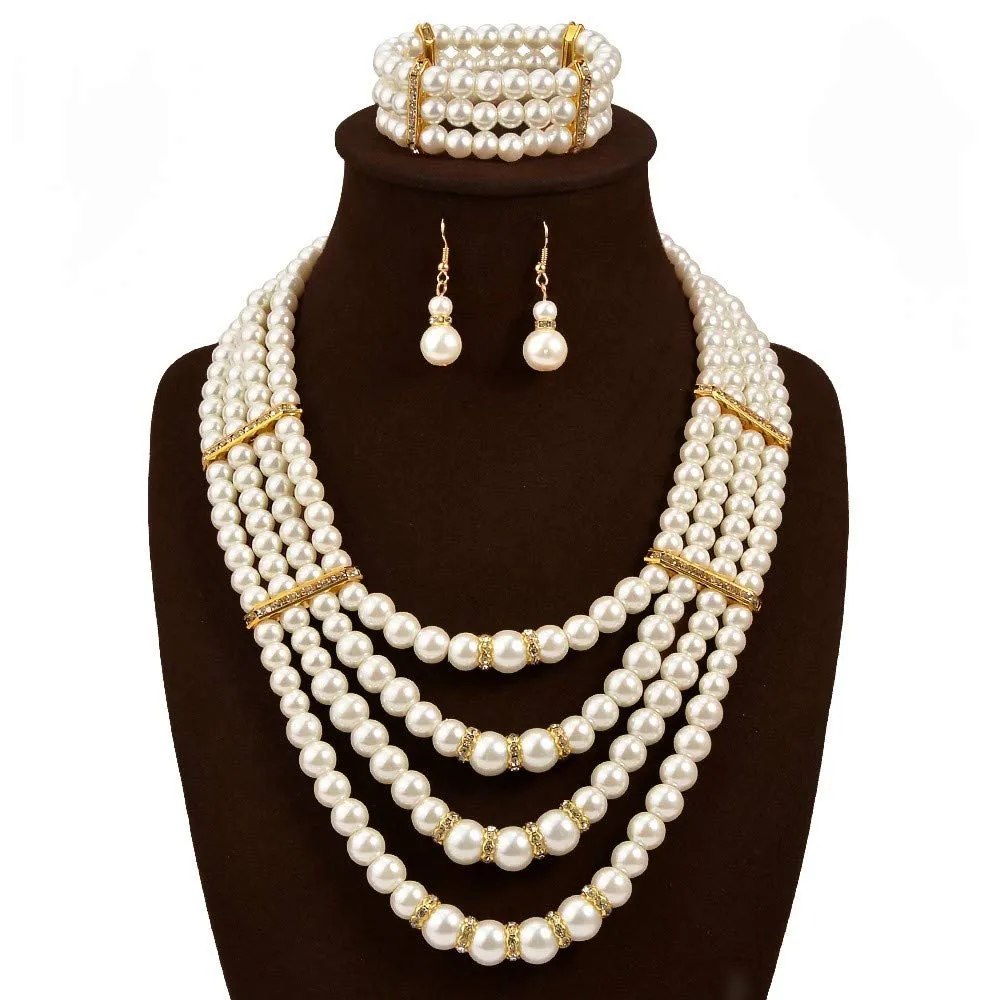 Yellow Chimes  Latest Fashion White Pearl Royal Style Multilayer Necklace Set with Earrings and Bracelet for Women & Girls