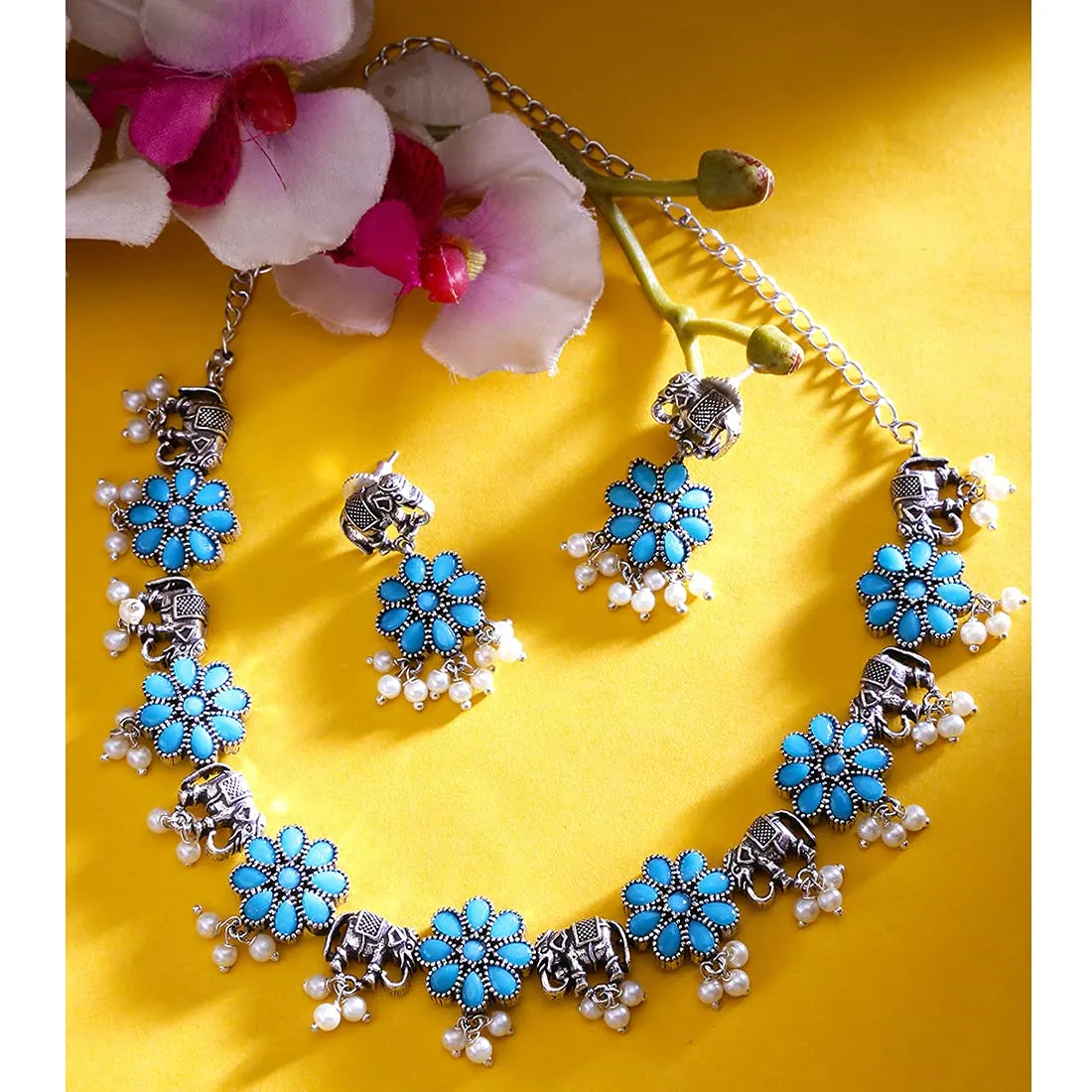 Yellow Chimes Oxidised Jewellery Set for Women Silver Oxidised Jewellery Set Blue Stones Flower Choker Necklace Set for Women and Girls.