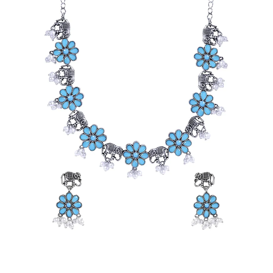 Yellow Chimes Oxidised Jewellery Set for Women Silver Oxidised Jewellery Set Blue Stones Flower Choker Necklace Set for Women and Girls.