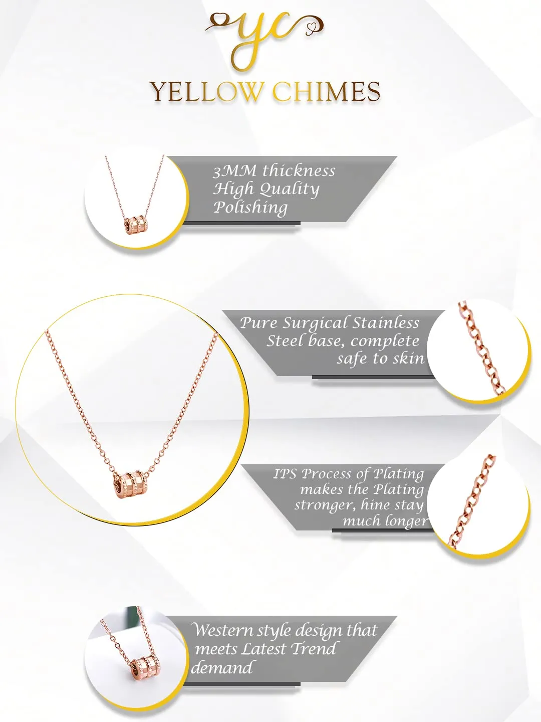 Yellow Chimes Pendant for Women Statement Style Rose Gold Plated Stainless Steel Chain Pendant Necklace for Women and Girls