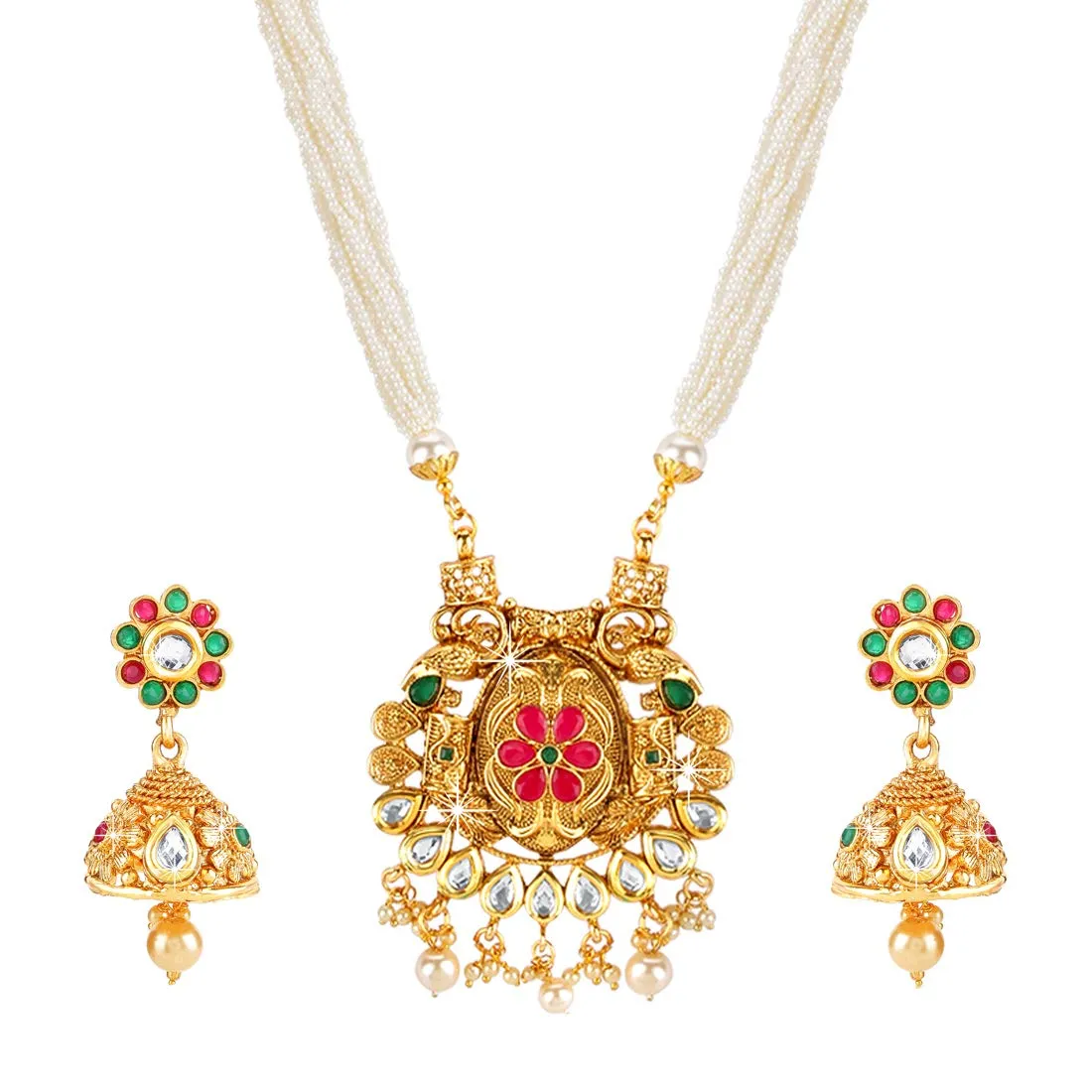 Yellow Chimes Traditional Long Mala Gold Plated Moti Kundan Necklace Set with Earrings Jewellery Set for Women and Girls